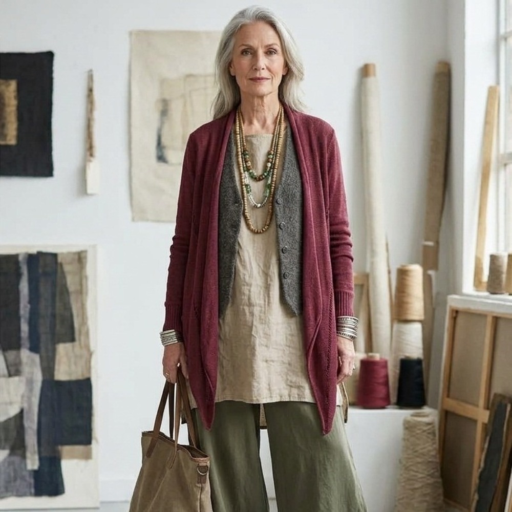 Eileen Fisher S Cardigan Lt. Maroon Linen Blend Mesh Knit Asymmetrical Lagenlook